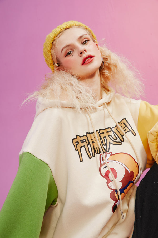 Harajuku Monkey King Embroidery Casual Pullover Sweatshirt Women,Spring Velvet Colorblock Ladies Daily Graphic Top