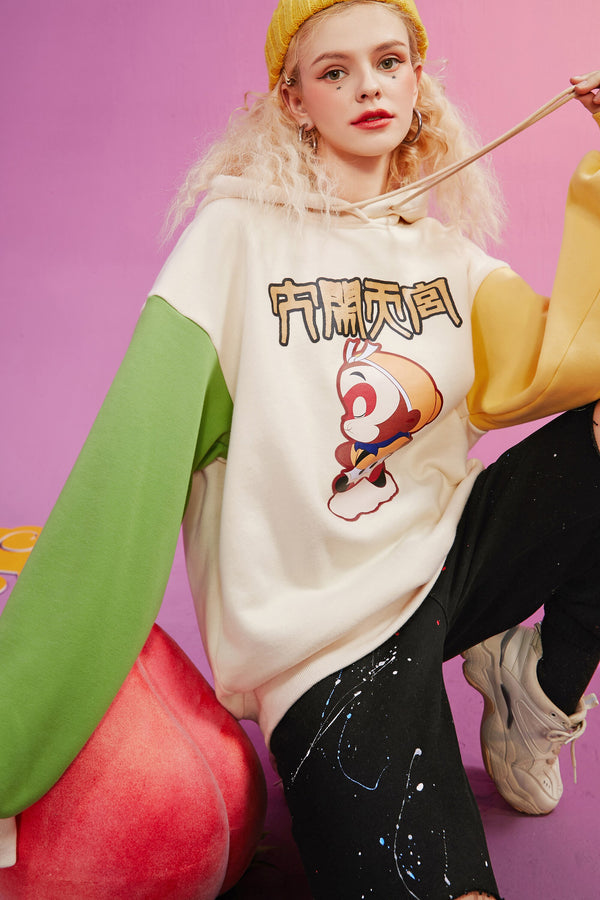 Harajuku Monkey King Embroidery Casual Pullover Sweatshirt Women,Spring Velvet Colorblock Ladies Daily Graphic Top