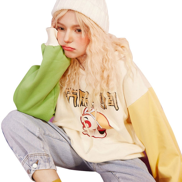 Harajuku Monkey King Embroidery Casual Pullover Sweatshirt Women,Spring Velvet Colorblock Ladies Daily Graphic Top