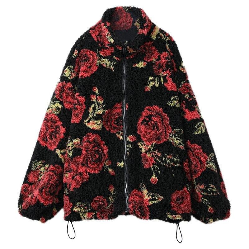 Rose Jacquard Zipper Oversize Women Teddy Jacket,Spring Vintage Full Sleeve,Casual Ladies Daily Warmness Outwear