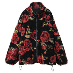 Rose Jacquard Zipper Oversize Women Teddy Jacket,Spring Vintage Full Sleeve,Casual Ladies Daily Warmness Outwear