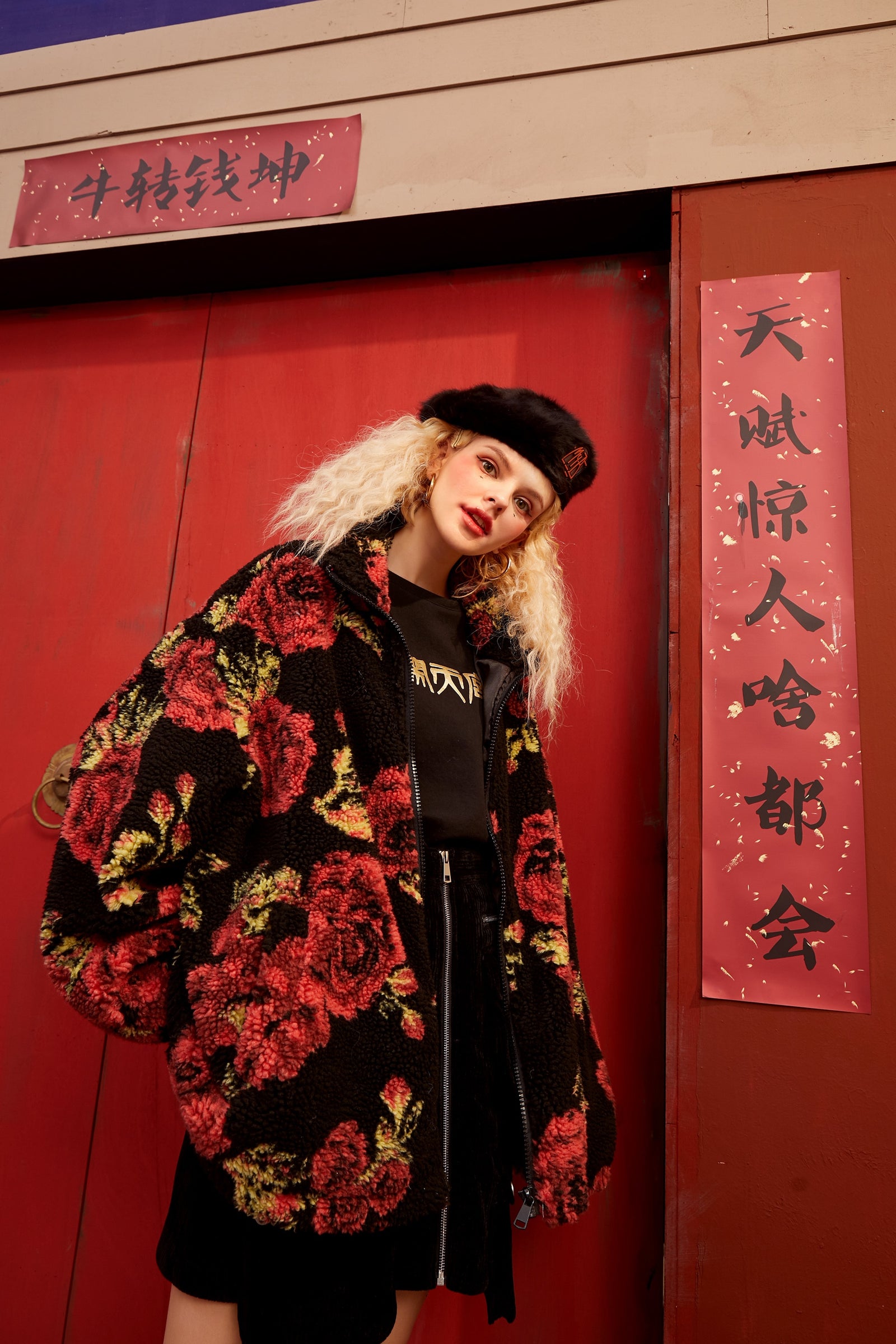 Rose Jacquard Zipper Oversize Women Teddy Jacket,Spring Vintage Full Sleeve,Casual Ladies Daily Warmness Outwear