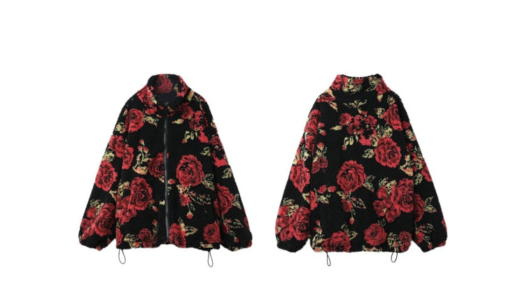 Rose Jacquard Zipper Oversize Women Teddy Jacket,Spring Vintage Full Sleeve,Casual Ladies Daily Warmness Outwear