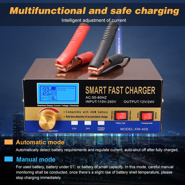 Intelligent Automatic Battery Charger 12V/24VReconditioner Pulse Repair with Digital Display for Car Cell Motorcycle AGM Battery | Vimost Shop.