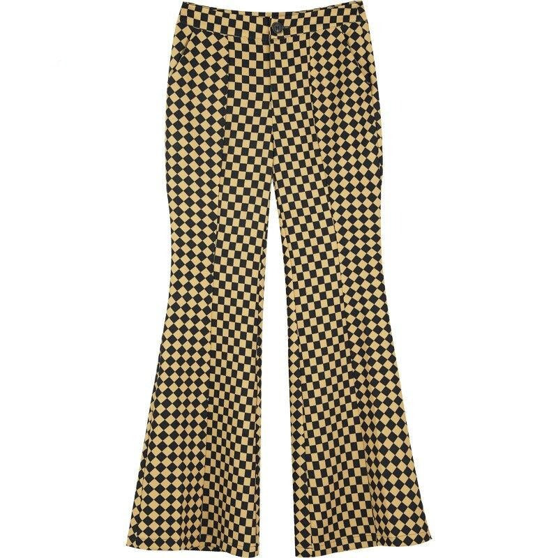 Yellow Plaid High Waist Casual Women Flare Pants Spring ELF British Chic Korean Ladies Basic Daily Trouser