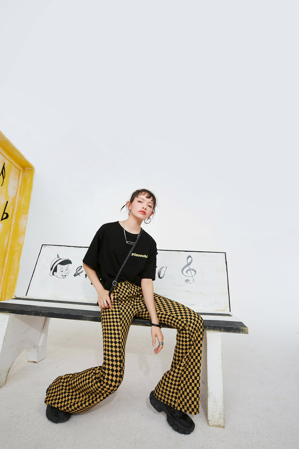 Yellow Plaid High Waist Casual Women Flare Pants Spring ELF British Chic Korean Ladies Basic Daily Trouser
