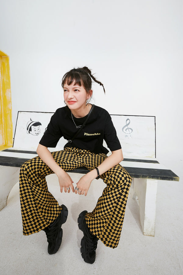 Yellow Plaid High Waist Casual Women Flare Pants Spring ELF British Chic Korean Ladies Basic Daily Trouser