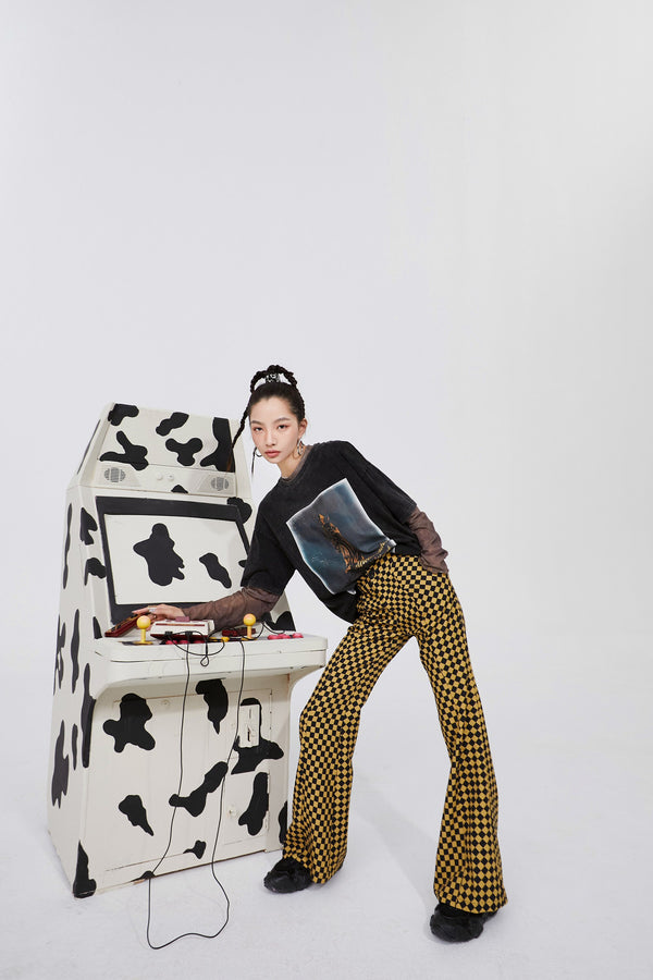 Yellow Plaid High Waist Casual Women Flare Pants Spring ELF British Chic Korean Ladies Basic Daily Trouser