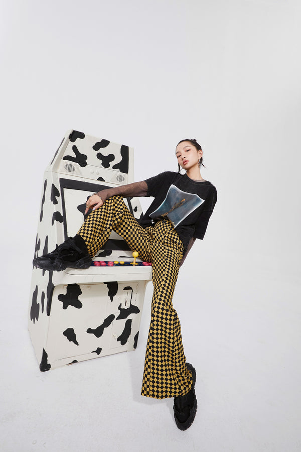 Yellow Plaid High Waist Casual Women Flare Pants Spring ELF British Chic Korean Ladies Basic Daily Trouser