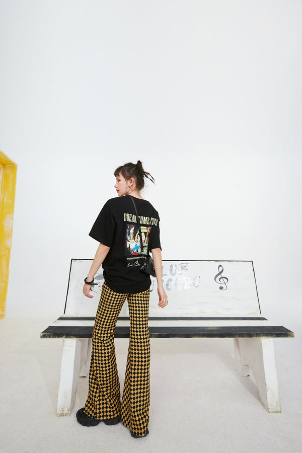 Yellow Plaid High Waist Casual Women Flare Pants Spring ELF British Chic Korean Ladies Basic Daily Trouser
