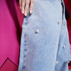 Solid High Waist Washed Casual Denim Jeans Woman,Spring ELF Pure Ripped Hole Diamond Beaded Ladies,Daily Trousers