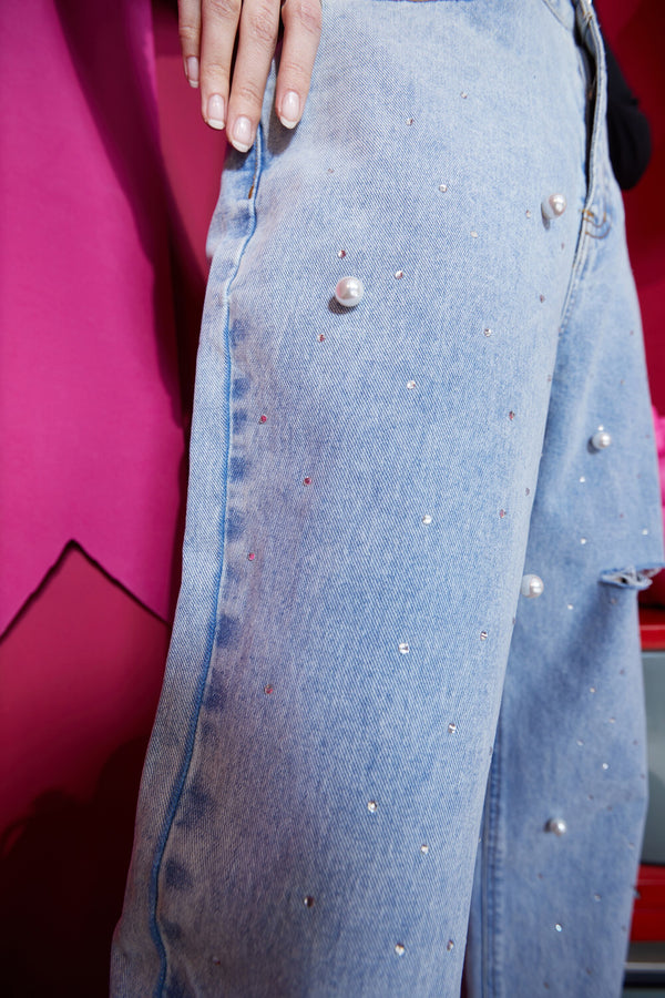 Solid High Waist Washed Casual Denim Jeans Woman,Spring ELF Pure Ripped Hole Diamond Beaded Ladies,Daily Trousers
