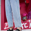 Solid High Waist Washed Casual Denim Jeans Woman,Spring ELF Pure Ripped Hole Diamond Beaded Ladies,Daily Trousers