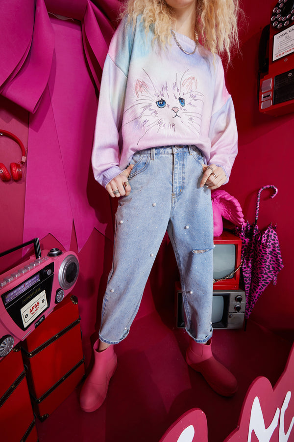 Solid High Waist Washed Casual Denim Jeans Woman,Spring ELF Pure Ripped Hole Diamond Beaded Ladies,Daily Trousers