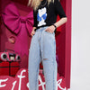Solid High Waist Washed Casual Denim Jeans Woman,Spring ELF Pure Ripped Hole Diamond Beaded Ladies,Daily Trousers