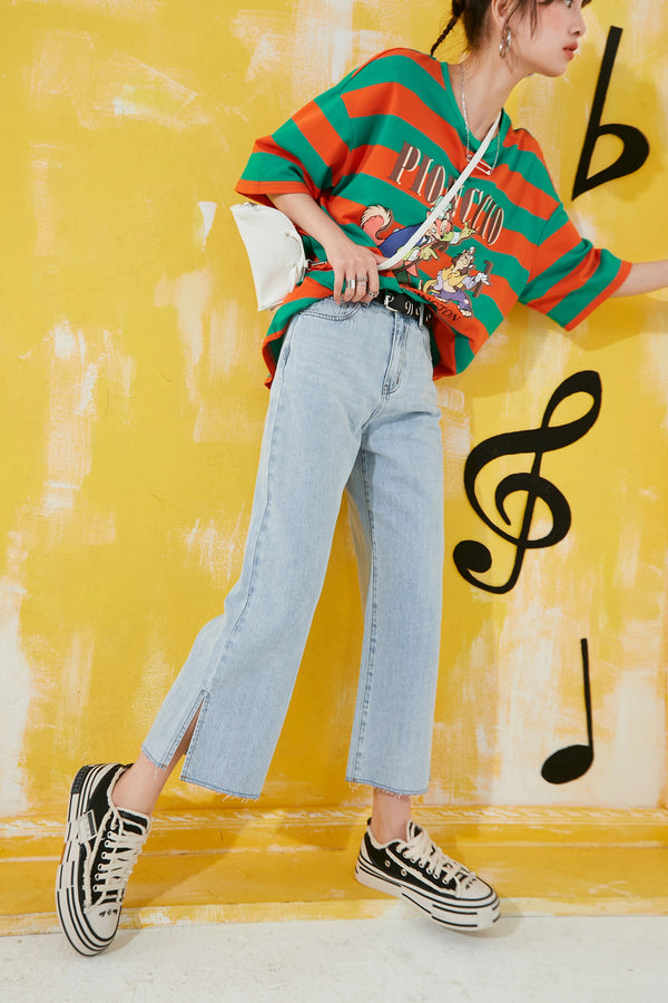 Solid High Waist Washed Casual Split Hem Flare Jeans Women,Spring Pure Letter Embroidery Ladies Basic Daily Trouser