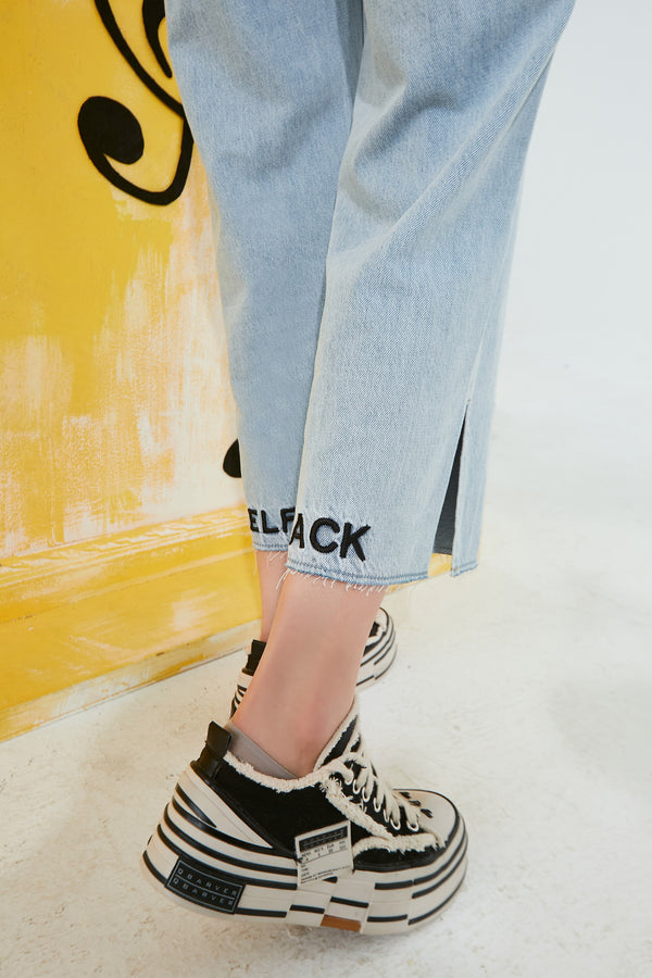 Solid High Waist Washed Casual Split Hem Flare Jeans Women,Spring Pure Letter Embroidery Ladies Basic Daily Trouser