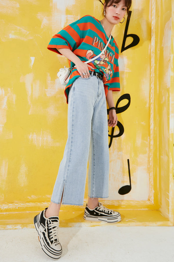 Solid High Waist Washed Casual Split Hem Flare Jeans Women,Spring Pure Letter Embroidery Ladies Basic Daily Trouser