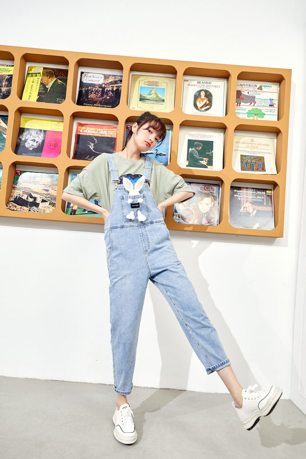Solid Rabbit Applique Casual Women Overall Denim Jeans,Summer High Waist Straight Pocket Ladies,Daily Jumpsuits