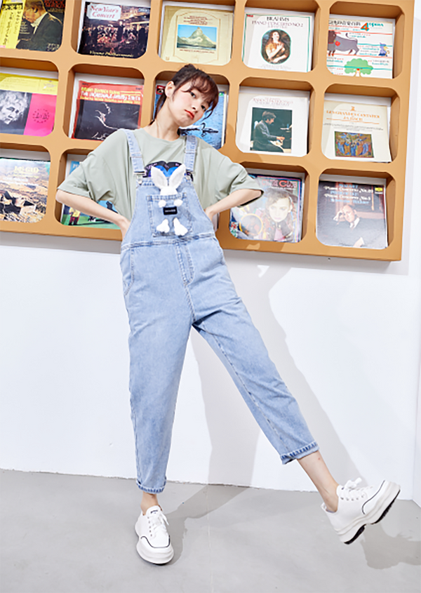 Solid Rabbit Applique Casual Women Overall Denim Jeans,Summer High Waist Straight Pocket Ladies,Daily Jumpsuits