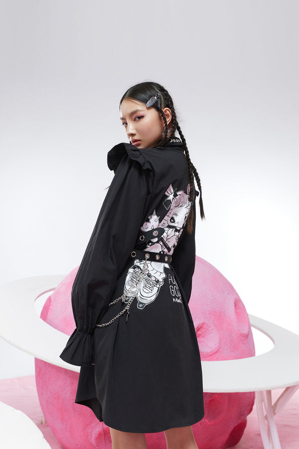 Harajuku Cartoon Print High Waist Casual Shirt Dresses Women Spring Stylish Punk Ladies Vintage Summer Dress