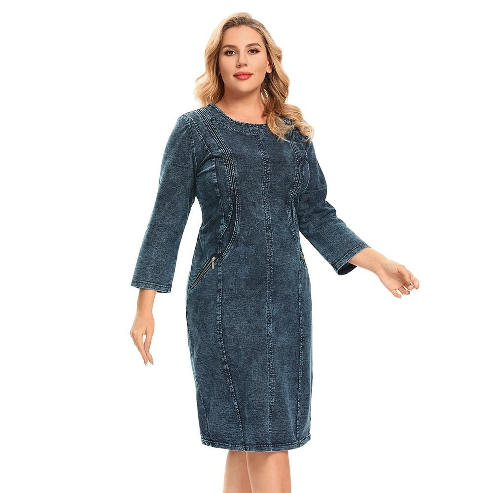 Women's Plus Size Denim Dress Elasticity Knitted Denim Dresses Slim Fit Casual Dress Knee-Length Midi Dress