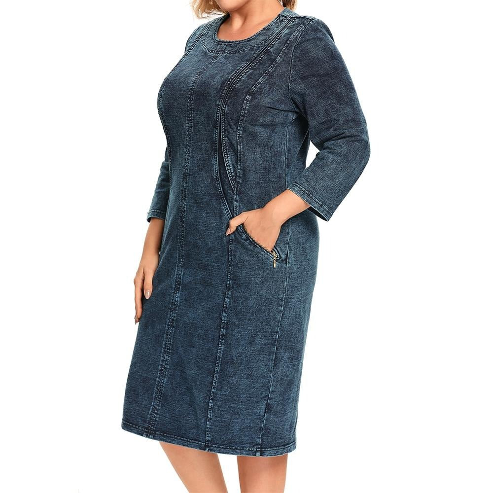 Women's Plus Size Denim Dress Elasticity Knitted Denim Dresses Slim Fit Casual Dress Knee-Length Midi Dress