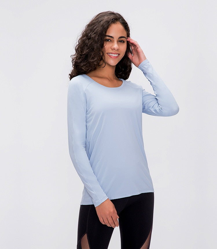 Naked-feel Fabric Skin Friendly Workout Yoga Long Sleeved Shirts Women Breathable Lightweight Loose Running Sport Tops
