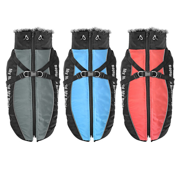 Thick Dog Coat Clothes Reflective Dogs Harness Clothes Vest Waterproof Pet Clothing With Fur Collar Large Dogs Jacket Outfit
