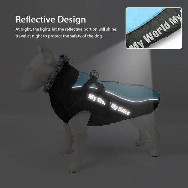 Thick Dog Coat Clothes Reflective Dogs Harness Clothes Vest Waterproof Pet Clothing With Fur Collar Large Dogs Jacket Outfit