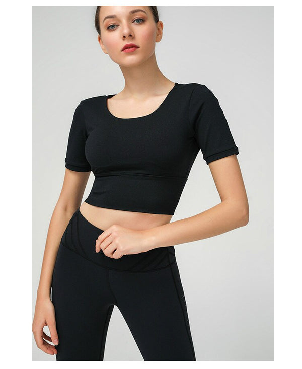 Stretchy Padded Workout Gym T-shirt Women Plain Cotton Feel Yoga Sport Short-Sleeved Shirts with Removable Chest Pads