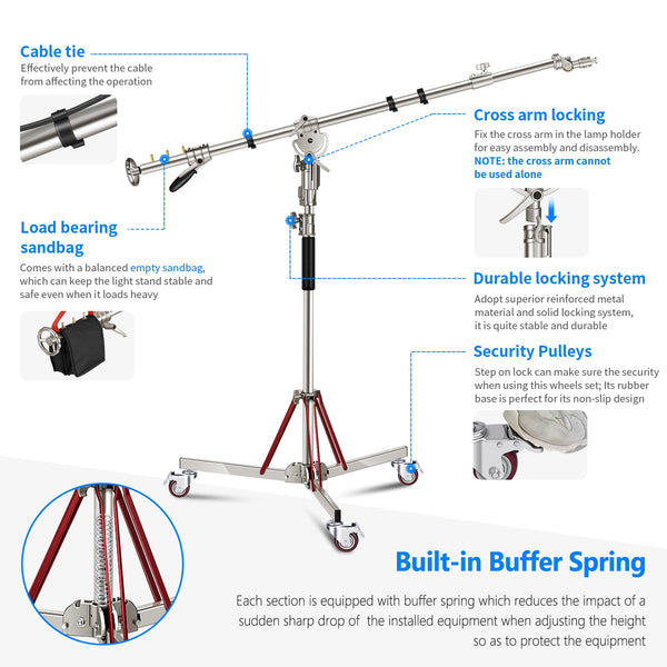 Heavy Duty Light Stand with Casters and Pro Boom Arm,  Stainless Steel Tripod Stand with Crossbar for Reflector,Monolight | Vimost Shop.