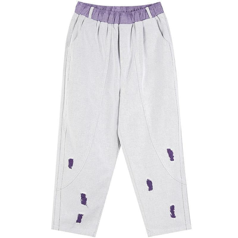 Solid High Waist Washed Casual Harem Jeans Women,Spring Pure Purple Ripped Hole Ladies Basic Daily Trousers