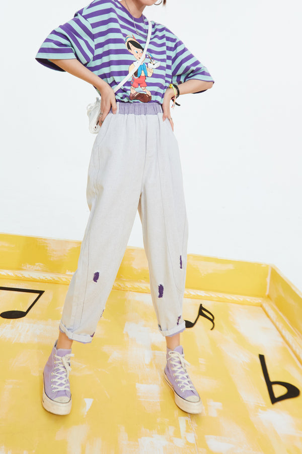 Solid High Waist Washed Casual Harem Jeans Women,Spring Pure Purple Ripped Hole Ladies Basic Daily Trousers