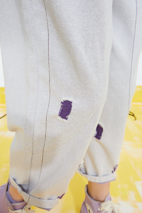 Solid High Waist Washed Casual Harem Jeans Women,Spring Pure Purple Ripped Hole Ladies Basic Daily Trousers