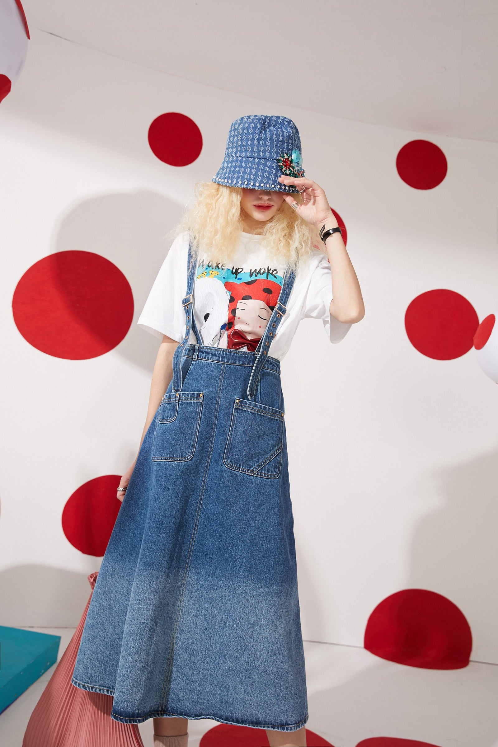 Solid Pure Gradient High Waist Casual Women Overall Skirts,Spring ELF Vintage,Korean Ladies Daily Denim Bottom