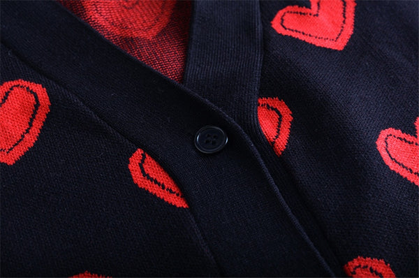 Love Heart Pattern Warm Sweater Jackets Spring Autumn Women Elegant Knitting Vintage V Neck Loose Thick Cardigan Coat