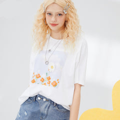 Harajuku Floral Applique Chic Casual T-Shirts Women,Summer Vintage Short Sleeve Female Basic Daily Tops
