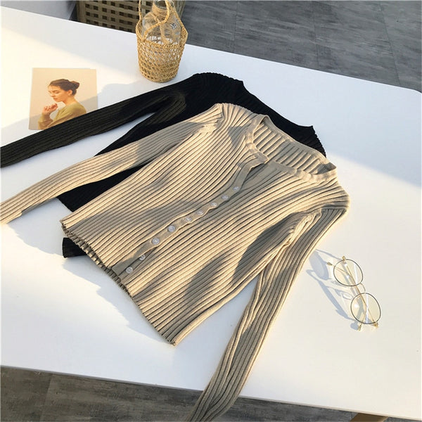 Women Button Up Ribbed Sweater Shirt Cropped Knit Cardigans Korean Knitting Crop Tops Streetwear