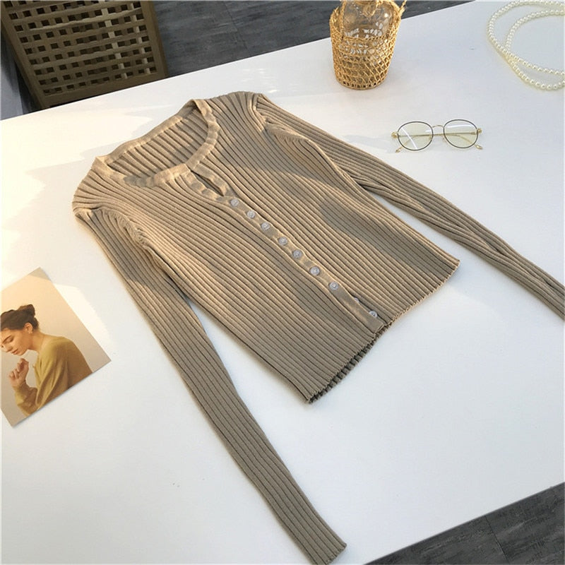 Women Button Up Ribbed Sweater Shirt Cropped Knit Cardigans Korean Knitting Crop Tops Streetwear