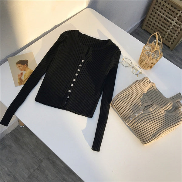 Women Button Up Ribbed Sweater Shirt Cropped Knit Cardigans Korean Knitting Crop Tops Streetwear