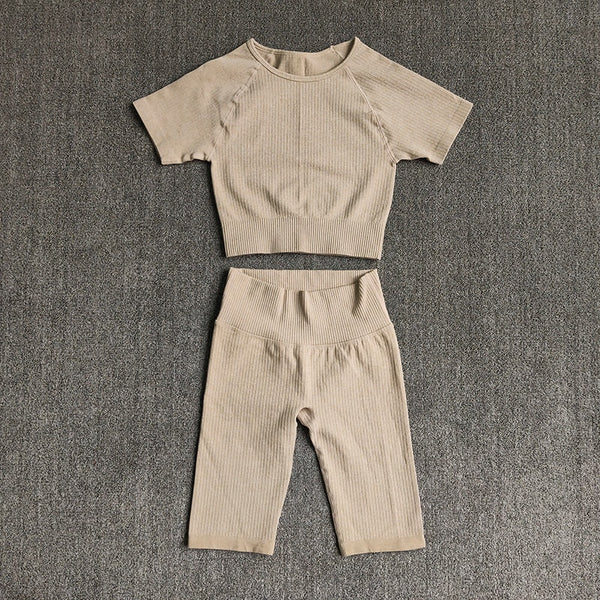 Seamless Yoga Set Women 2pcs Crop Top T-shirt High Waist Shorts Gym Clothes Sport Suit Workout Outfit Sport Wear