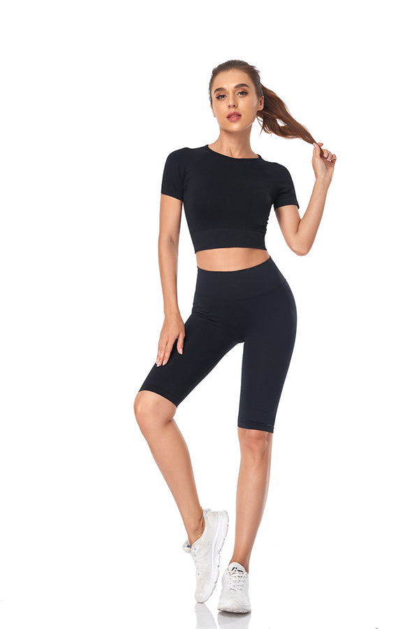 Seamless Yoga Set Women 2pcs Crop Top T-shirt High Waist Shorts Gym Clothes Sport Suit Workout Outfit Sport Wear