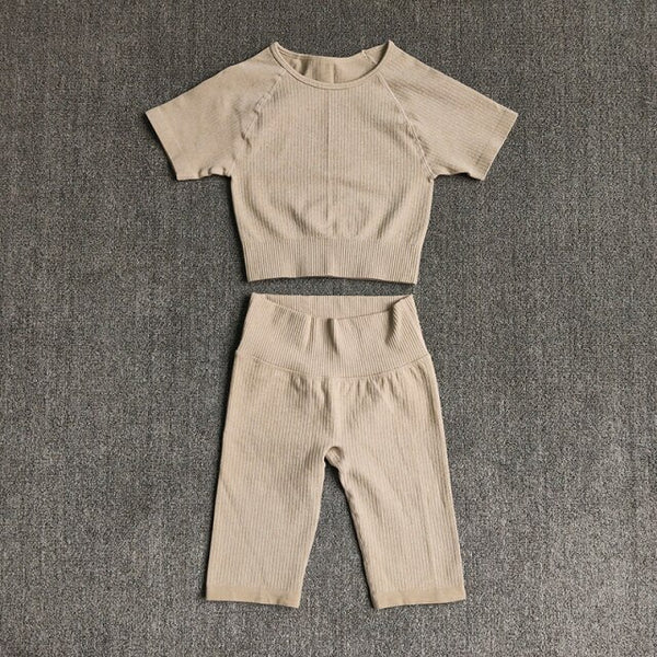 Seamless Yoga Set Women 2pcs Crop Top T-shirt High Waist Shorts Gym Clothes Sport Suit Workout Outfit Sport Wear