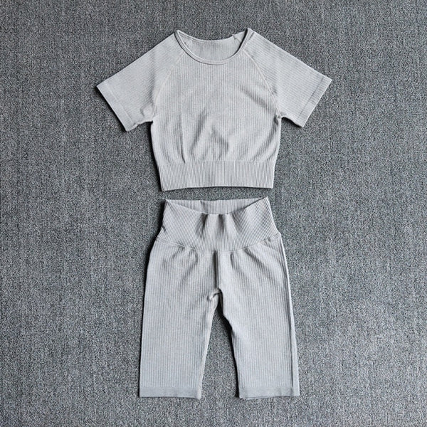 Seamless Yoga Set Women 2pcs Crop Top T-shirt High Waist Shorts Gym Clothes Sport Suit Workout Outfit Sport Wear