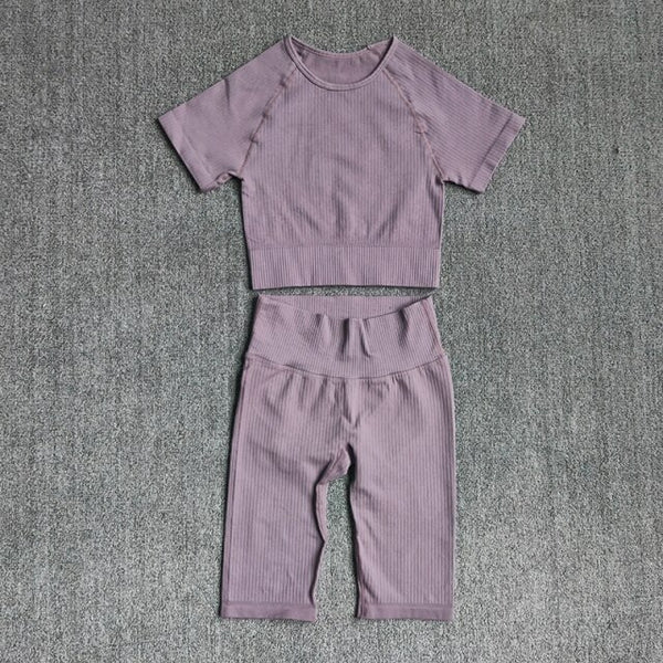 Seamless Yoga Set Women 2pcs Crop Top T-shirt High Waist Shorts Gym Clothes Sport Suit Workout Outfit Sport Wear