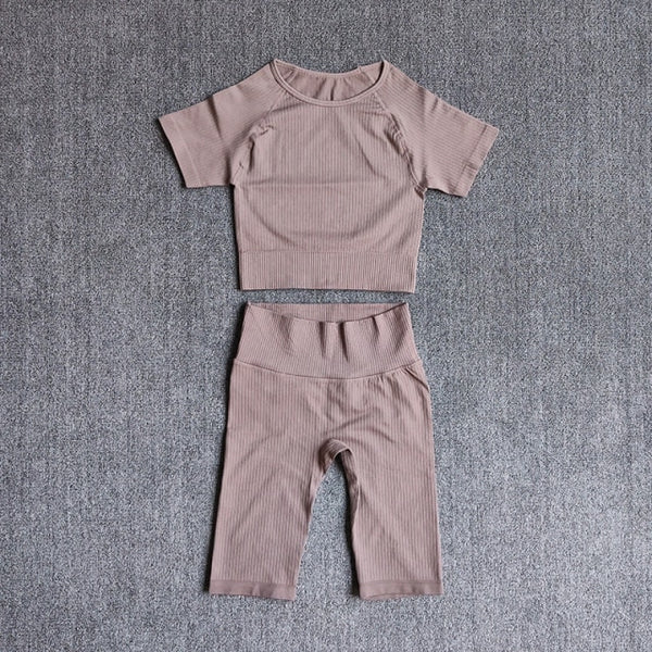 Seamless Yoga Set Women 2pcs Crop Top T-shirt High Waist Shorts Gym Clothes Sport Suit Workout Outfit Sport Wear