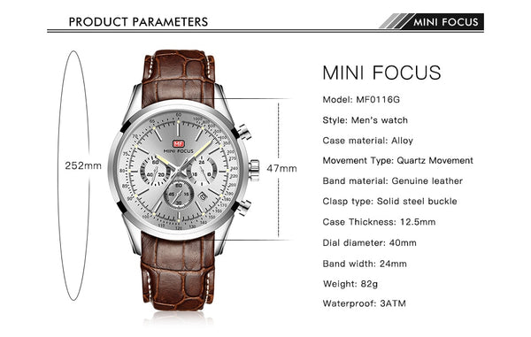 Watch For Men Quartz Military Watches Mens Auto Date Display Chronograph Casual Business Leather Strap