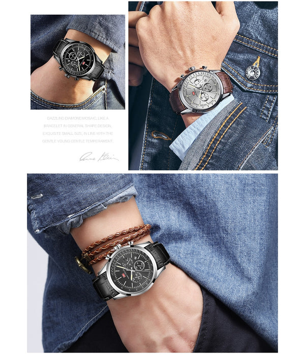 Watch For Men Quartz Military Watches Mens Auto Date Display Chronograph Casual Business Leather Strap