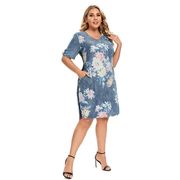 Women's Plus Size Denim Dress Summer Slim Fit Dress Casual Dress Printed Woven Denim Short Sleeve Knee-Length